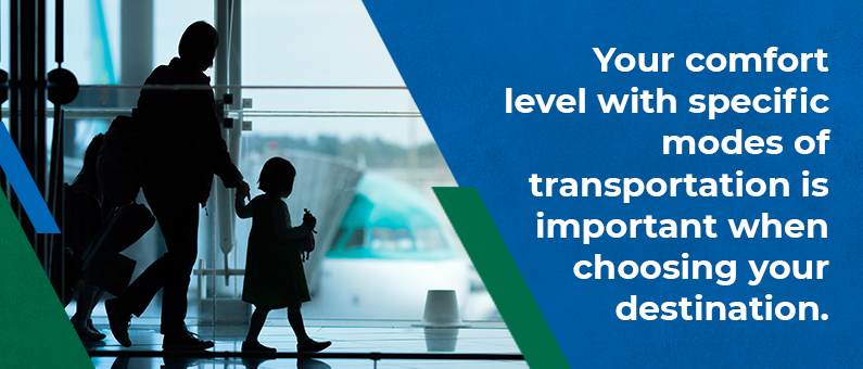 Your comfort level with specific modes of transportation is important when choosing your destination - Image of a family walking in an airport